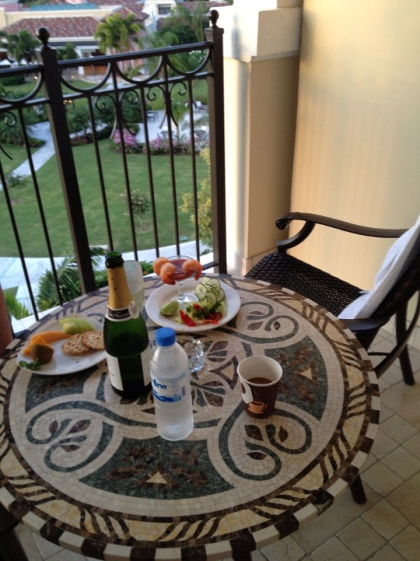 shrimp cocktails, cheese and fruit, and champagne and espresso on the patio